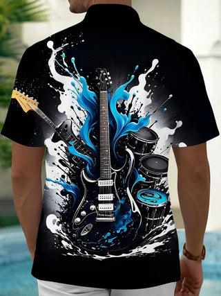 Men's black guitar print short sleeve shirt back view