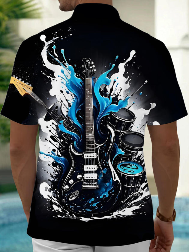 Men's black guitar print short sleeve shirt back view