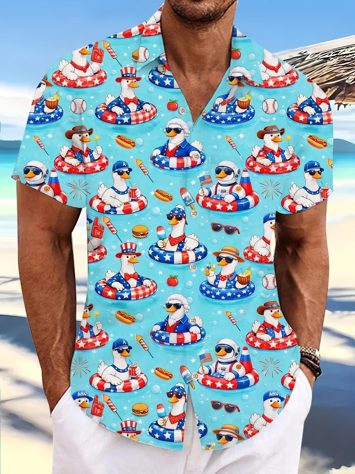 Independence Day American Flag Funny Duck Hot Dog Hamburger Baseball Print Men's Pocket Short Sleeve Shirts