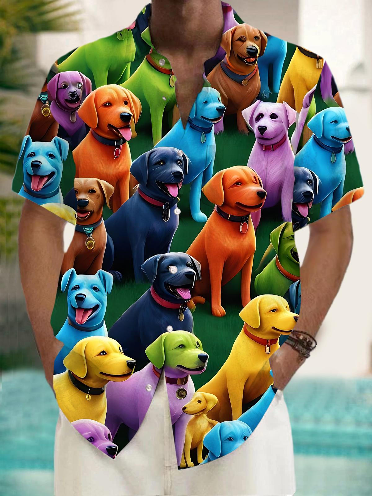 Colorful Dog Print Men's Pocket Short Sleeve Shirts