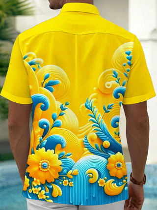 Men's blue floral short sleeve Hawaiian shirt back view