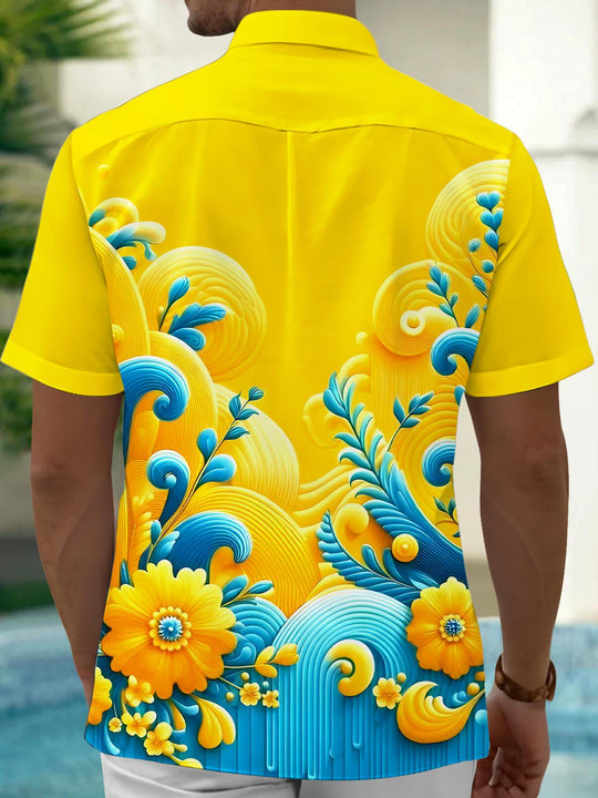 Men's blue floral short sleeve Hawaiian shirt back view