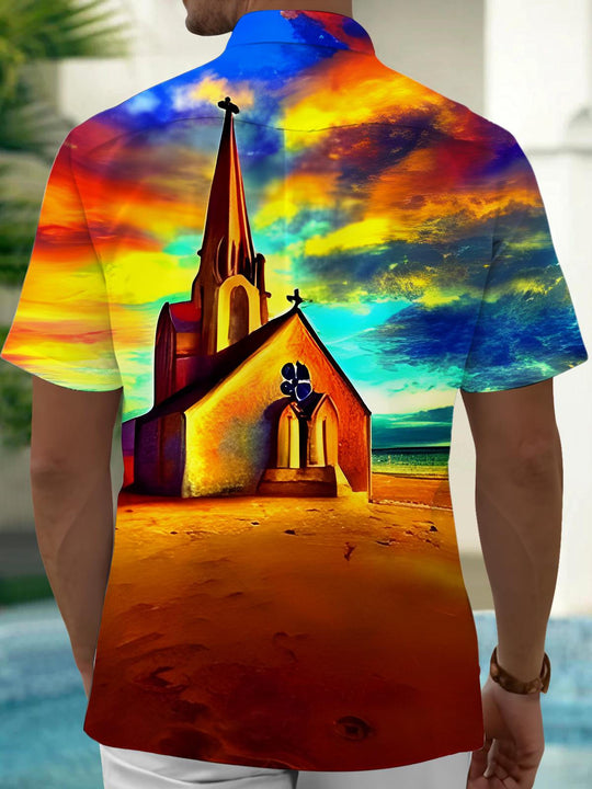 Men's blue Hawaiian short sleeve shirt back view