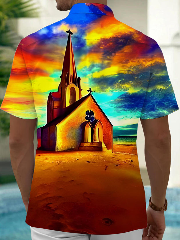Men's blue Hawaiian short sleeve shirt back view