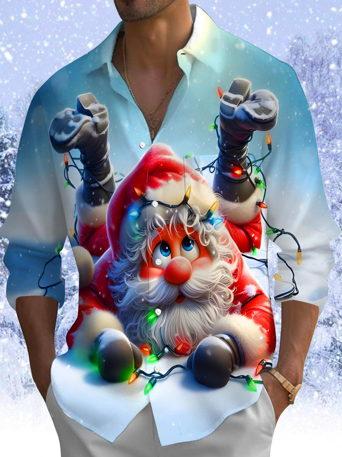 Funny Santa Claus Light Ball Xmas Men's Pocket Long Sleeve Shirts