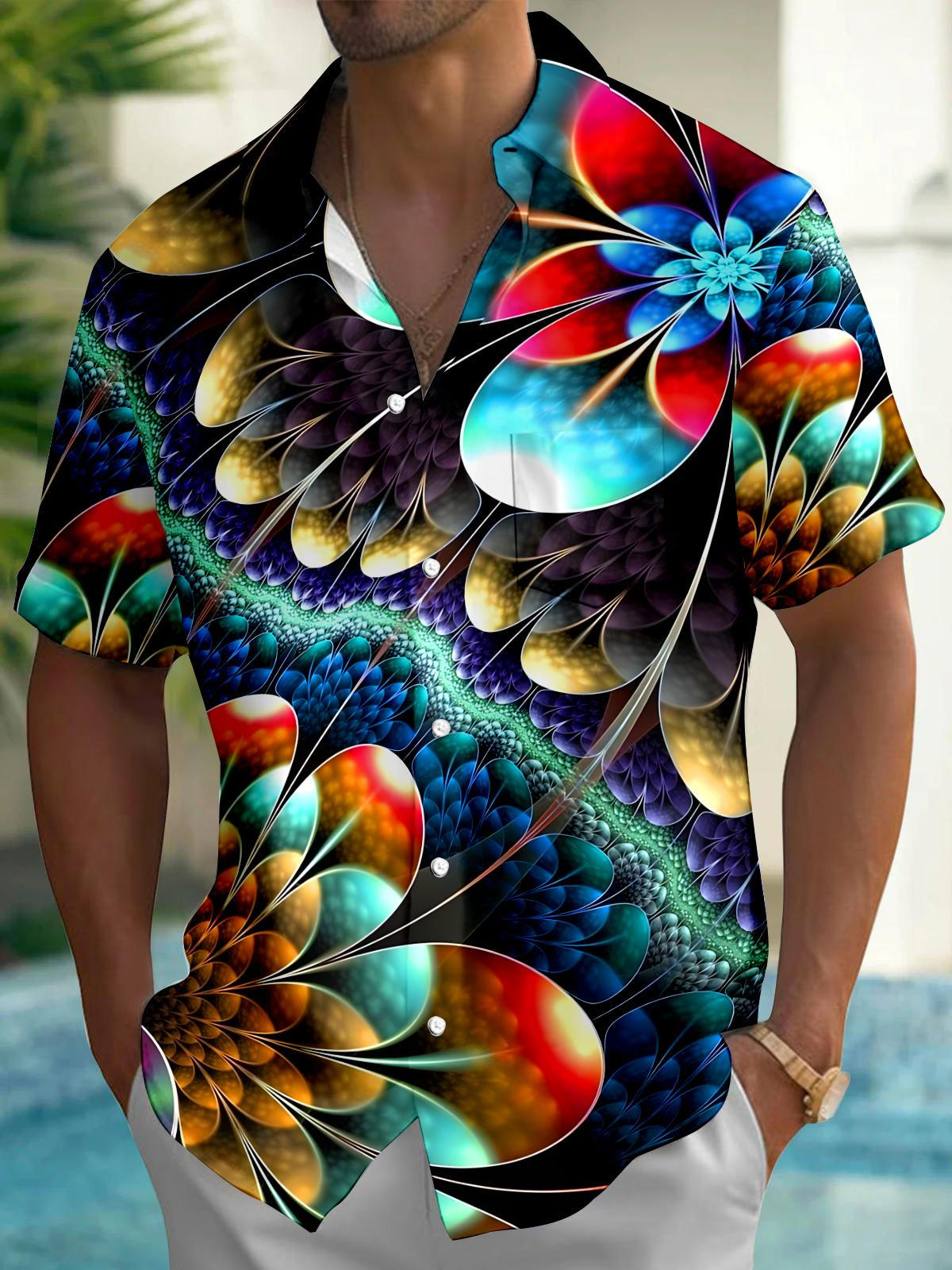Colorful Geometry Floral Men's Pocket Short Sleeve Shirts