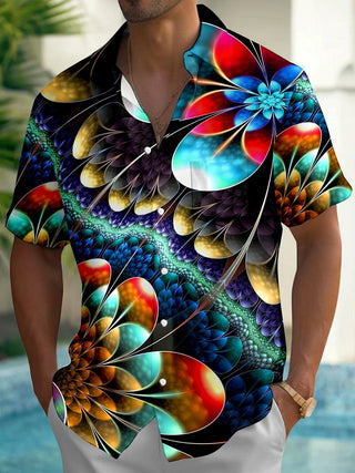 Men's colorful geometry floral short sleeve shirt front view