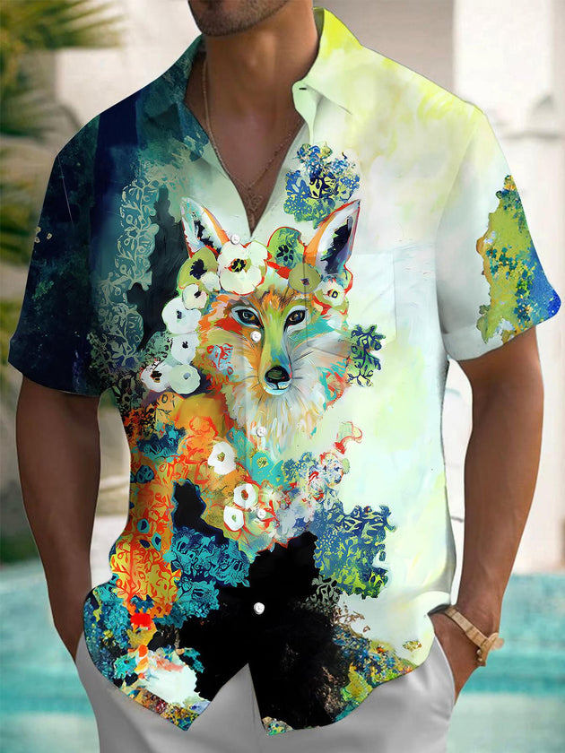 Men's short sleeve shirt front view with animal fox art print
