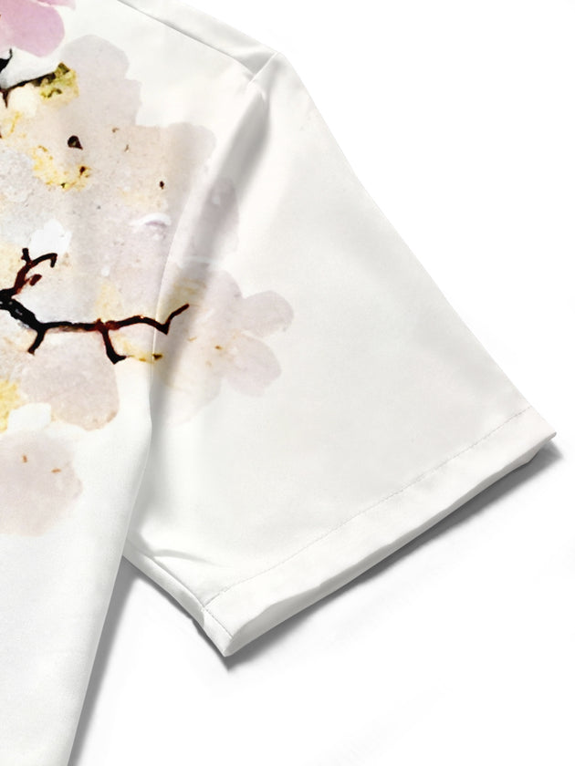 Men's floral short sleeve shirt close-up detail view