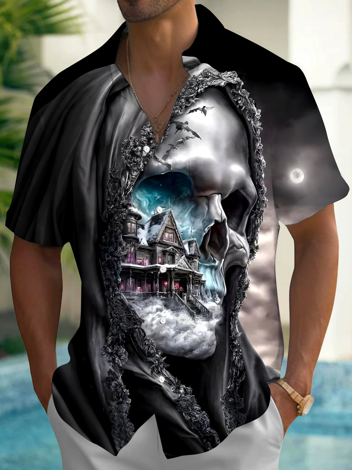 Halloween Skull Men's Pocket Short Sleeve Shirts