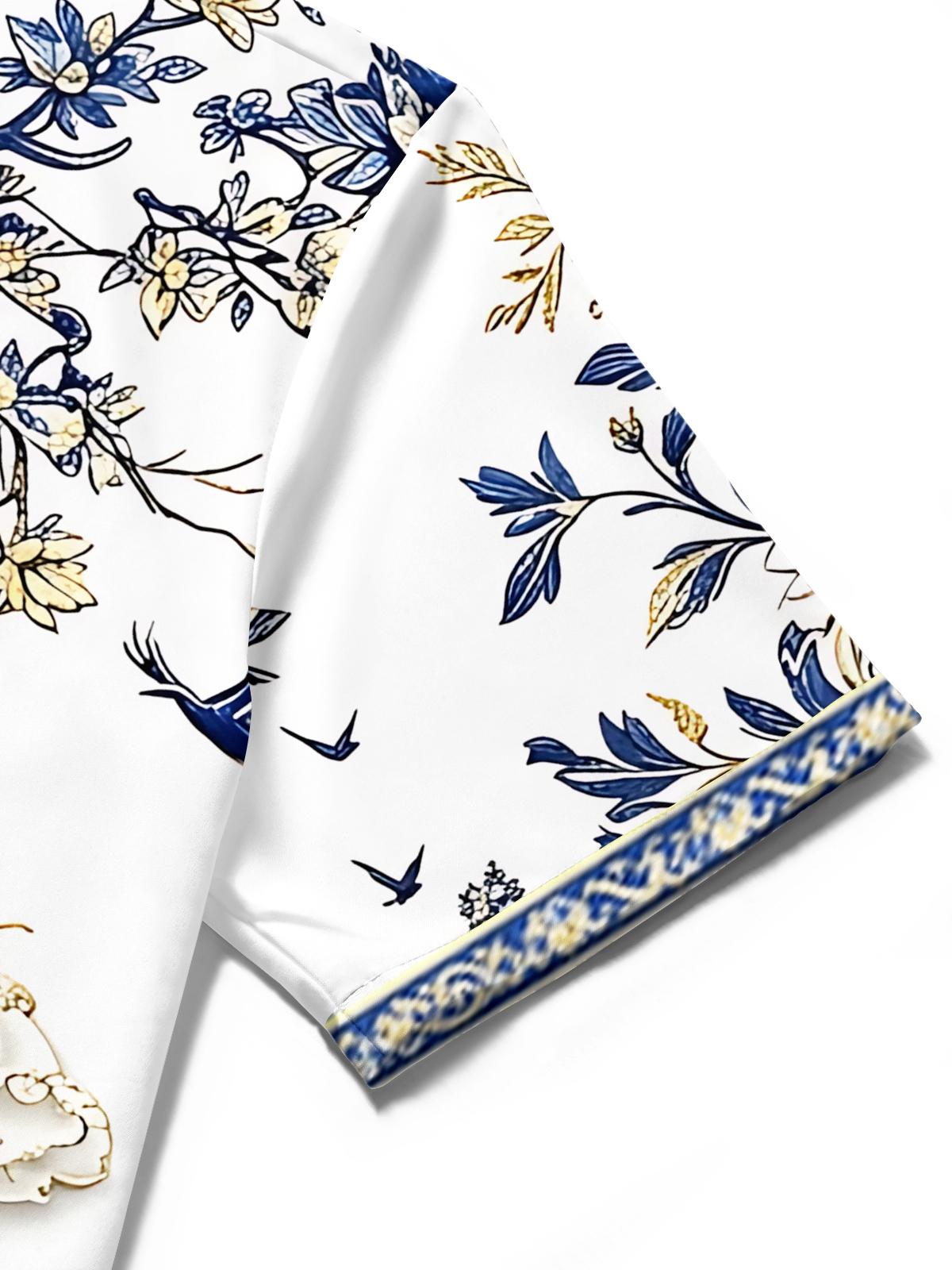 Art Landscape Blue And White Porcelain Mountains Flowers And Birds Men's Pocket Short Sleeve Shirts