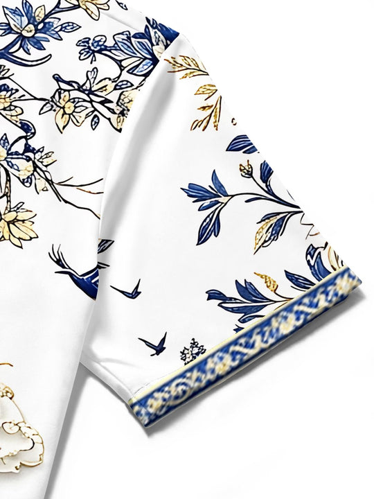 Art Landscape Blue And White Porcelain Mountains Flowers And Birds Men's Pocket Short Sleeve Shirts
