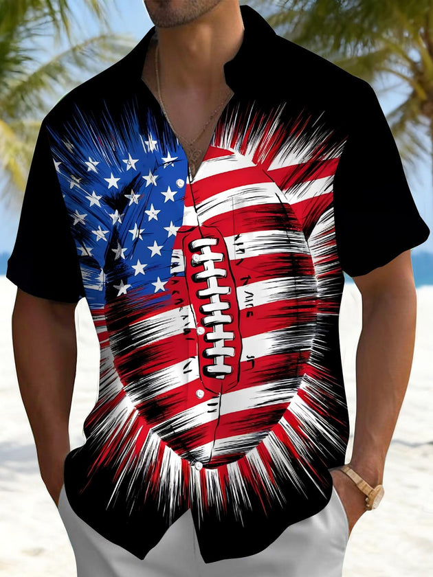 Men's red American flag print short sleeve shirt front view for Independence Day
