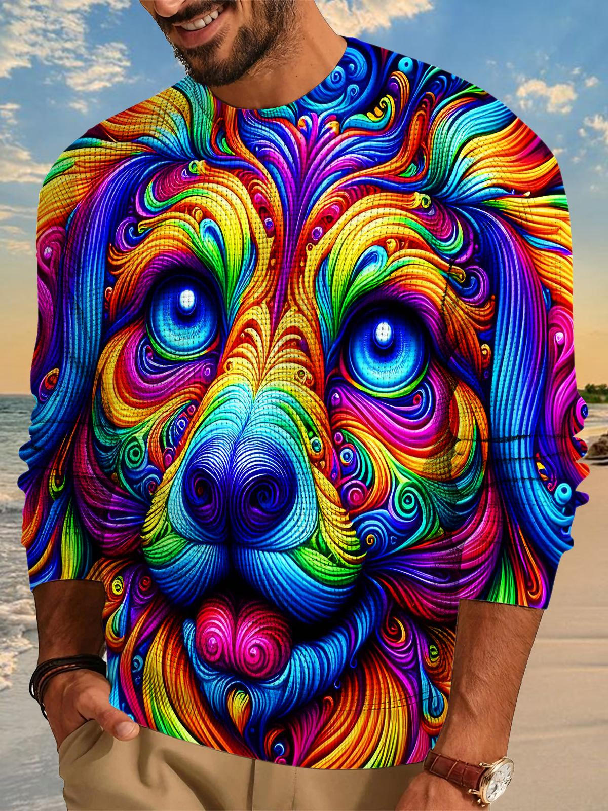 Colorful Puppy Swirl Men's Long Sleeve Round Neck Tops