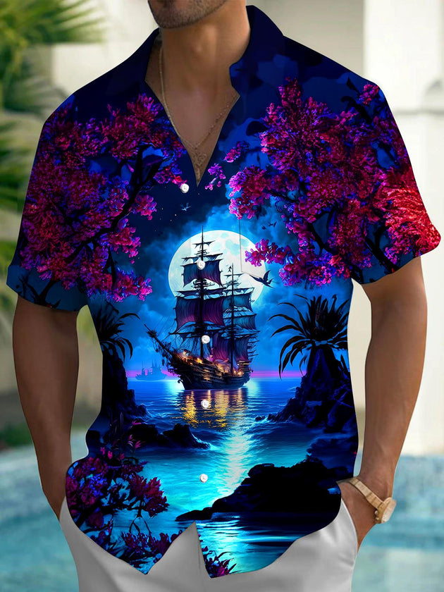 Men's Hawaiian floral short sleeve pocket shirt front view for tropical beach vacation