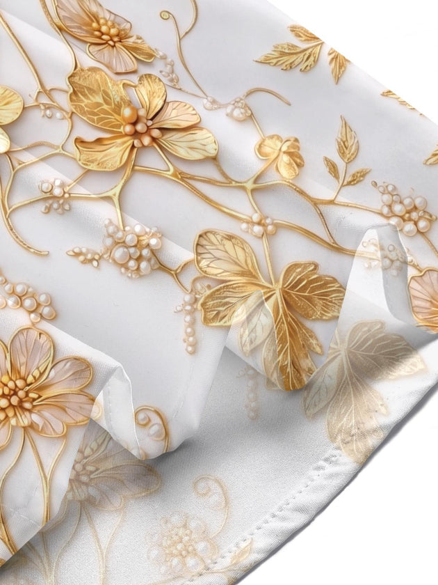 Women's short sleeve golden pearl floral shirt lifestyle shot