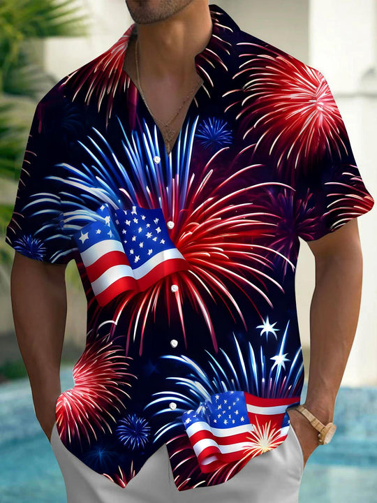 Men's American flag print short sleeve shirt front view for Independence Day