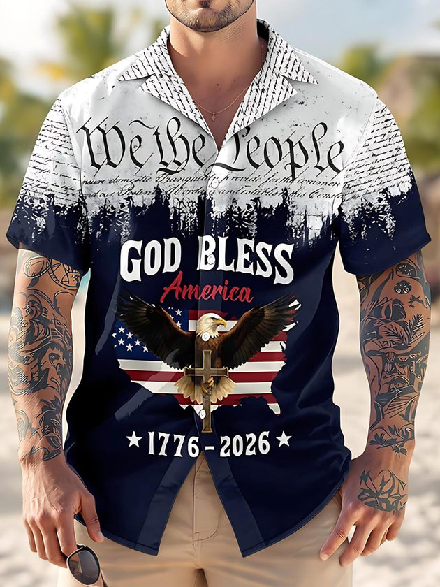 Men's short sleeve Cuban collar shirt with eagle print front view
