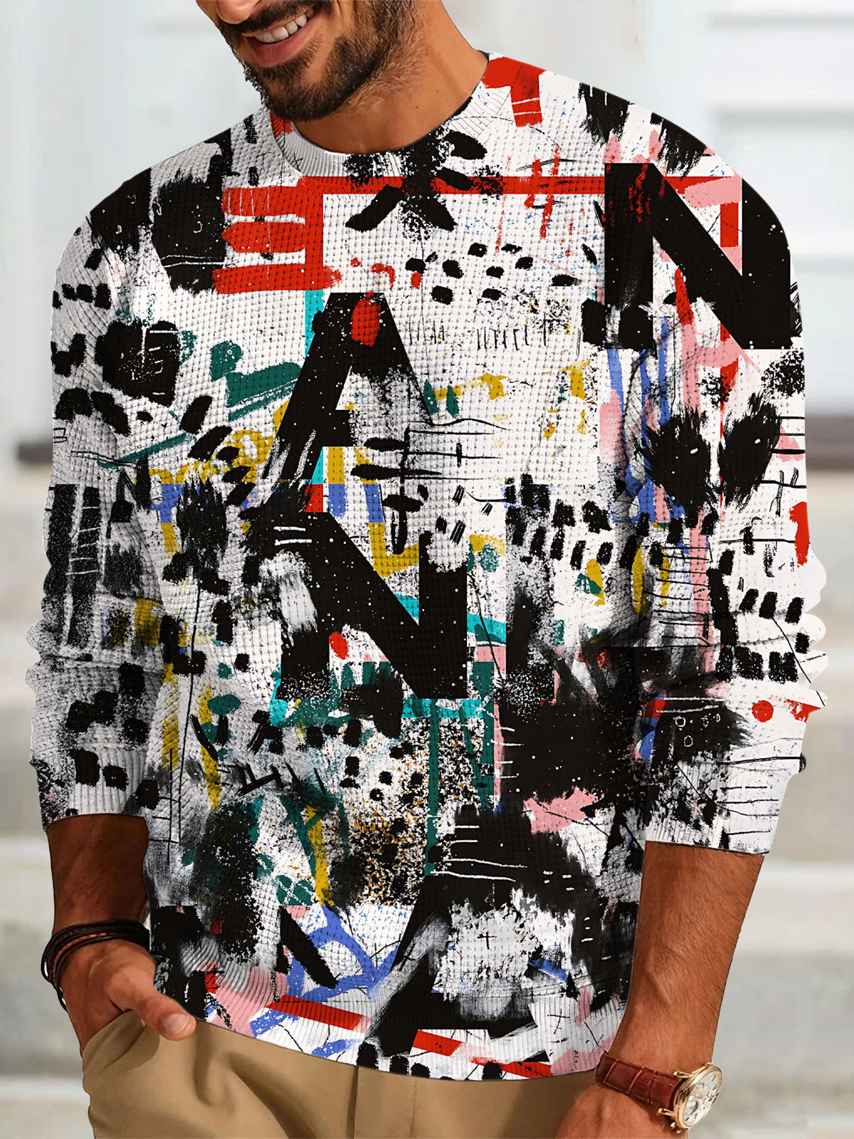 Abstract Art Print Men's Long Sleeve Round Neck Tops