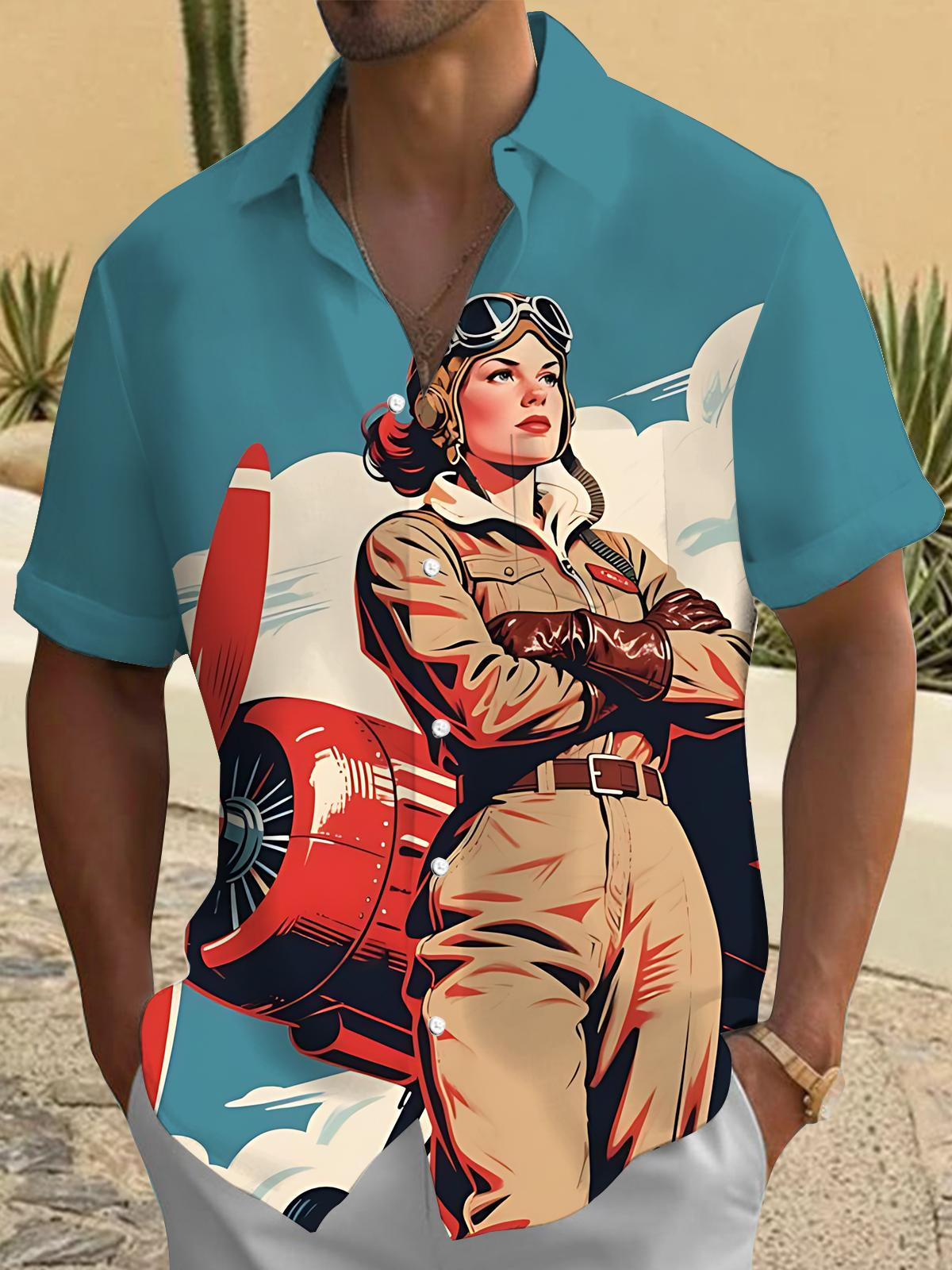 Vintage Ladies Pilot Print Men's Pocket Short Sleeve Shirts