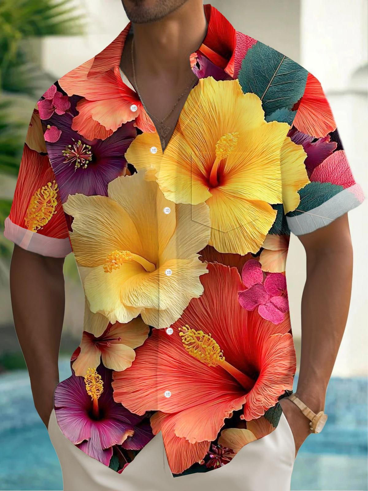 Hawaiian Floral Art Print Men's Pocket Short Sleeve Shirts