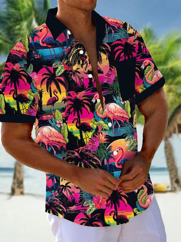 Men's Hawaiian flamingo print short sleeve shirt front view tropical beach vacation