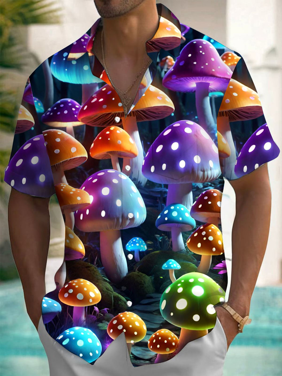 Mushroom Print Men's Pocket Short Sleeve Shirts