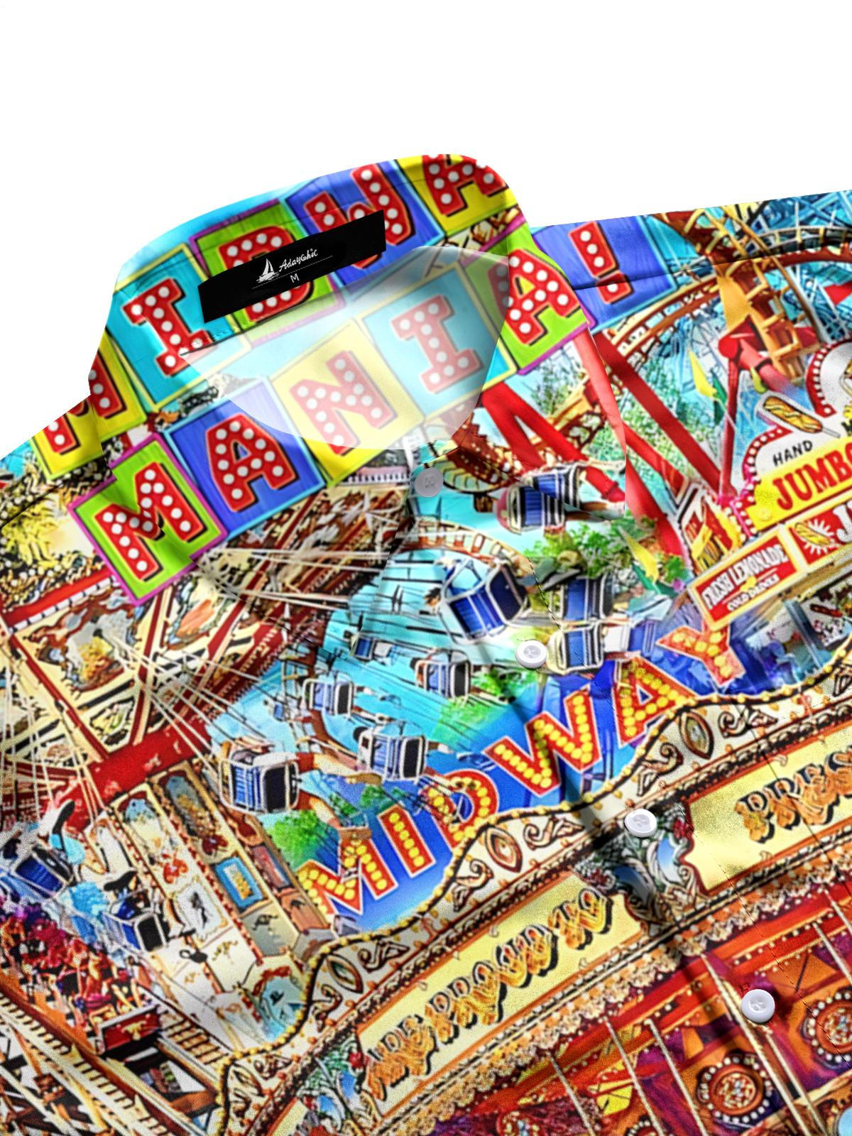 Amusement Park Print Men's Pocket Short Sleeve Shirts