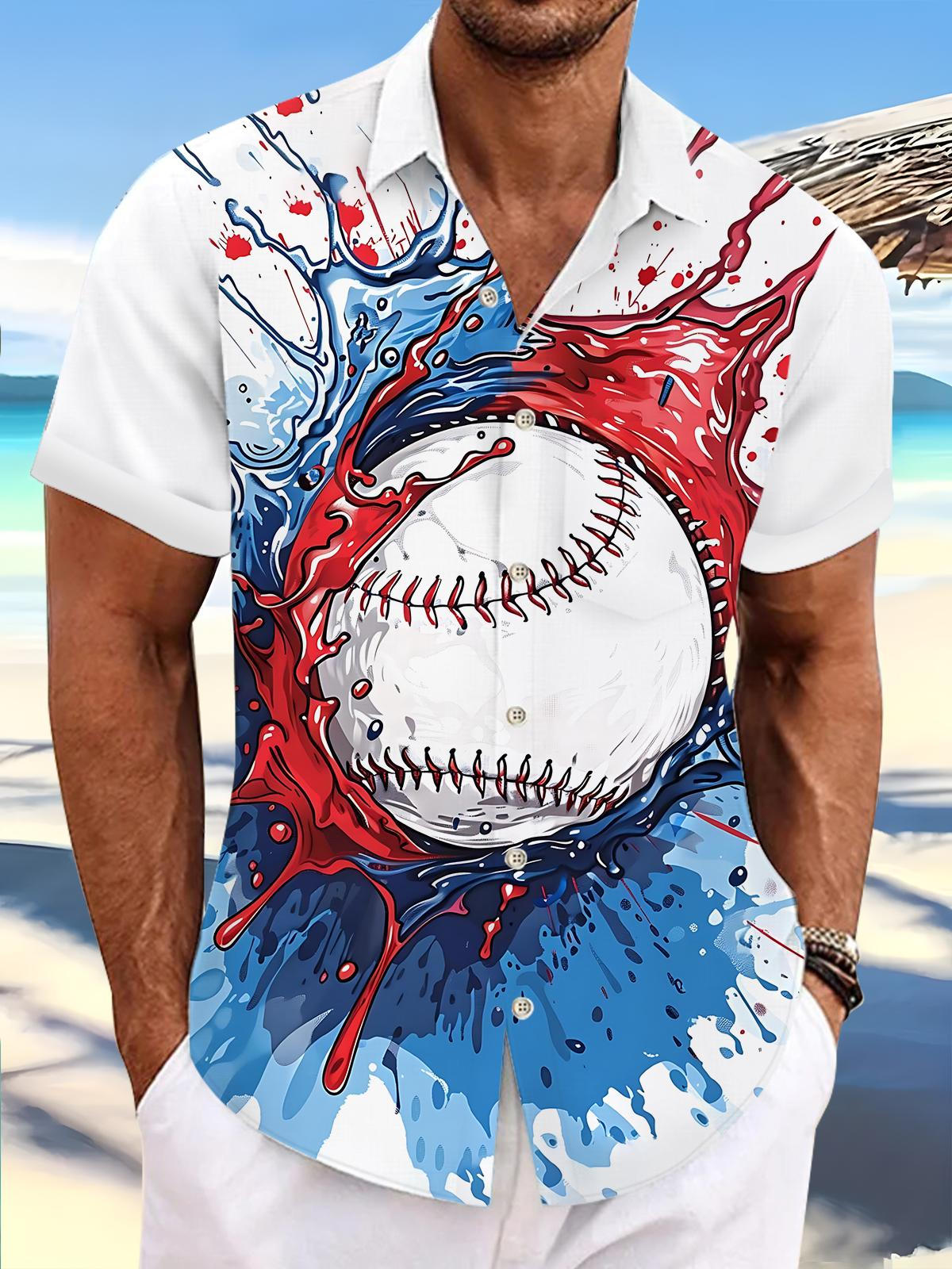 Baseball Print Men's Pocket Short Sleeve Shirts