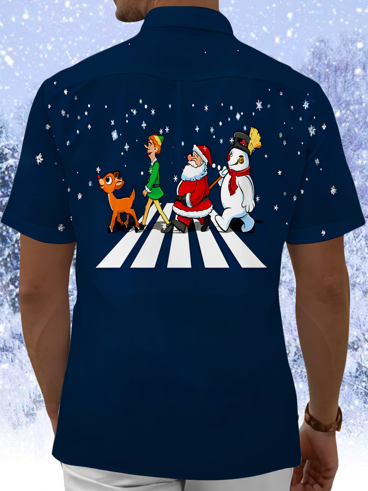 Fun Christmas Snowman Reindeer Santa Claus Crossing Street Xmas Men's Pocket Short Sleeve Shirts