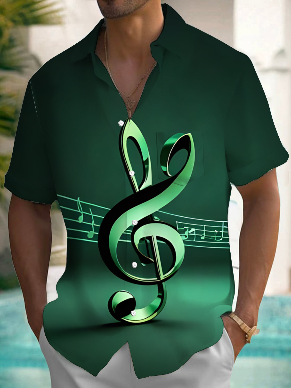 Musical Note Print Men's Pocket Short Sleeve Shirts