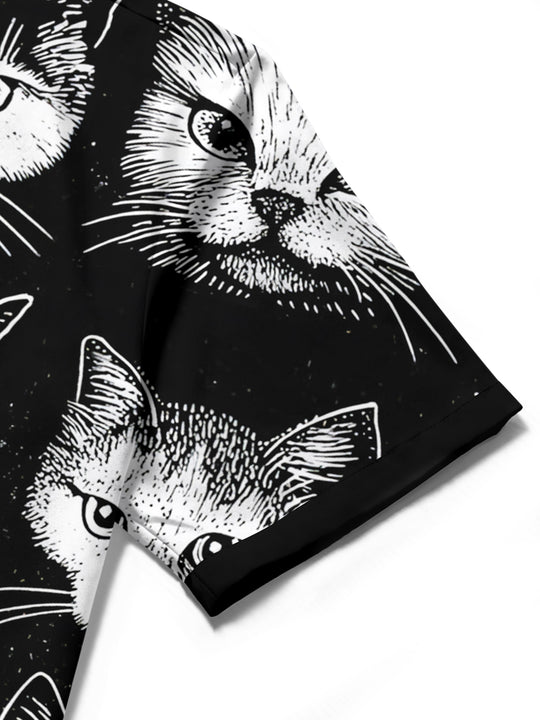 Men's cat print pocket short sleeve shirt on man front view lifestyle