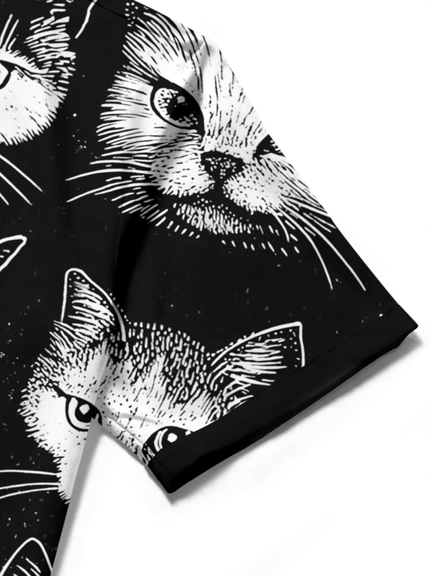 Men's cat print pocket short sleeve shirt on man front view lifestyle