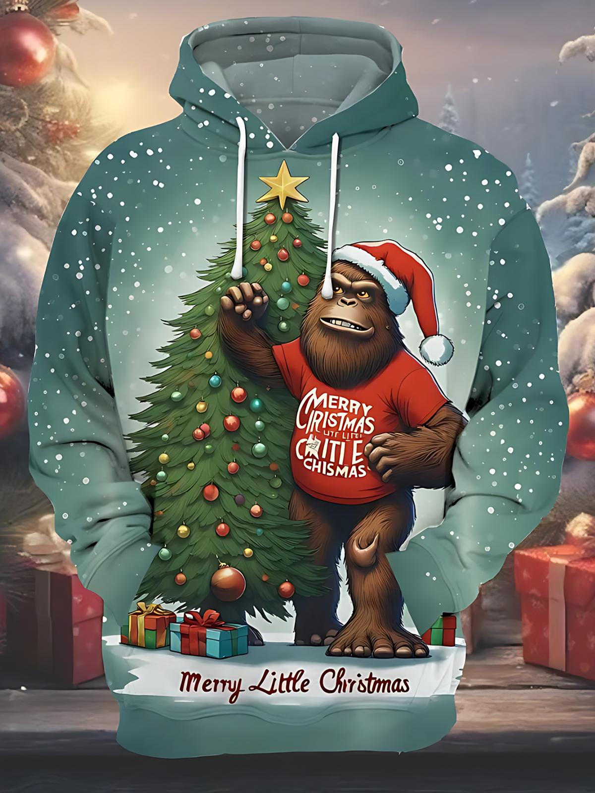 Fun Christmas Orangutan Christmas Tree Print Men's Long Sleeve Pocket Hoodies