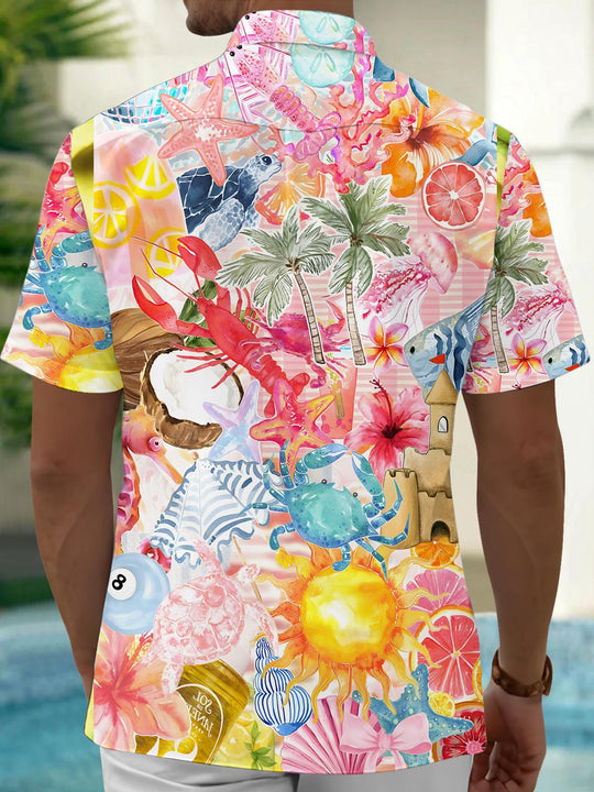 Men's Hawaiian marine life print pocket short sleeve shirt back view