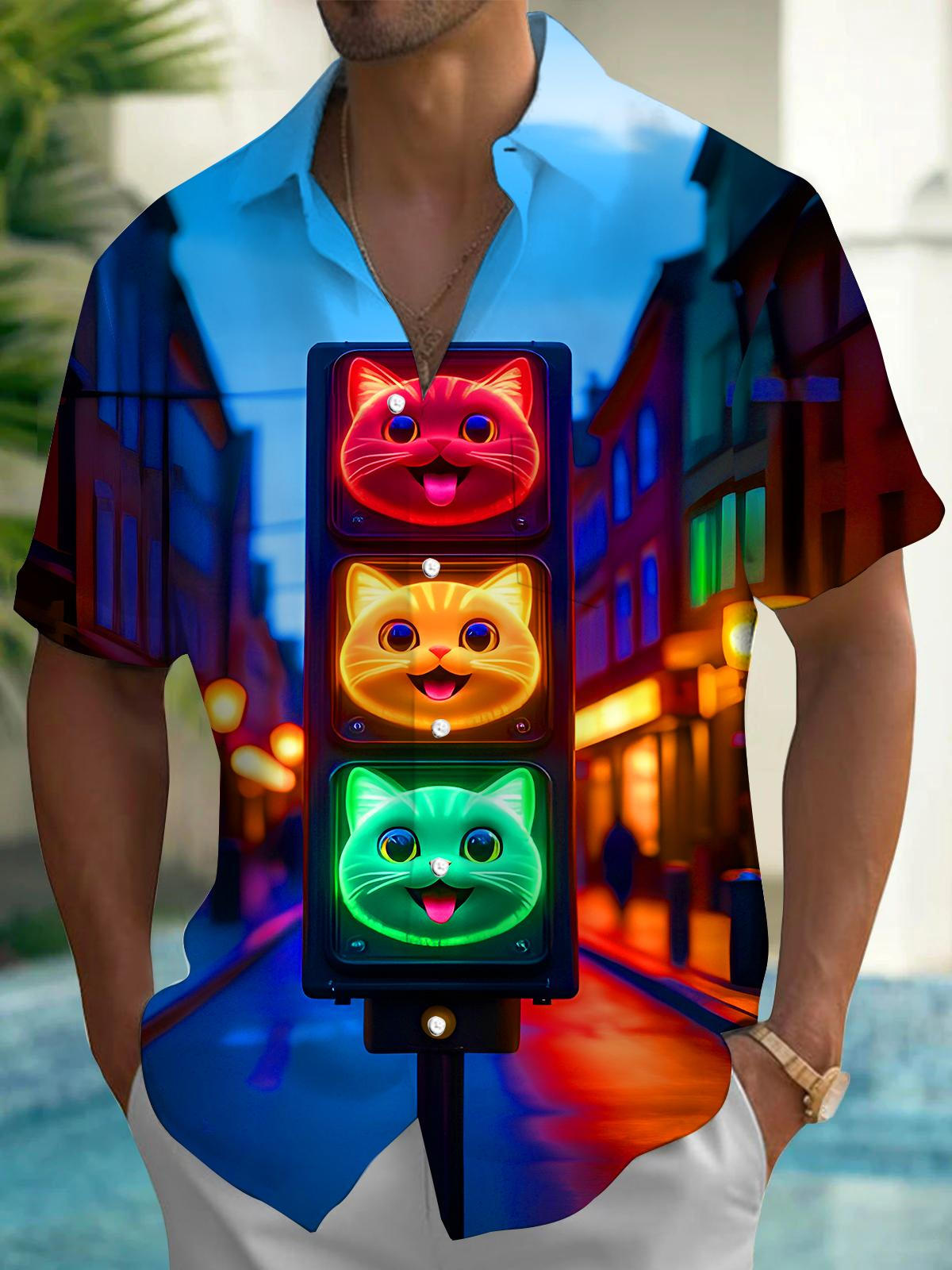 Funny Traffic Lights Cats Men's Pocket Short Sleeve Shirts