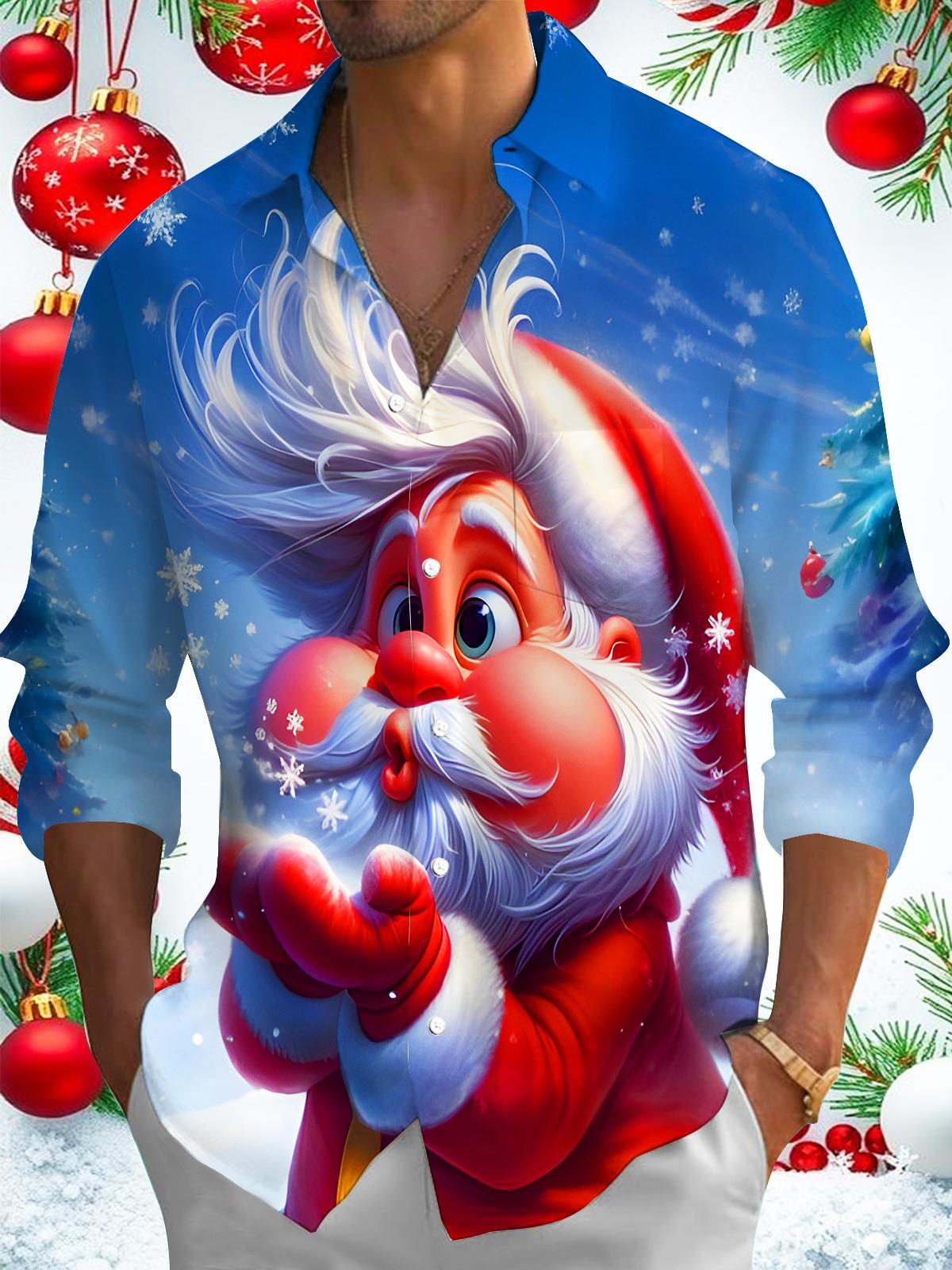 Funny Santa Claus Blowing Snowflakes Xmas Men's Pocket Long Sleeve Shirts