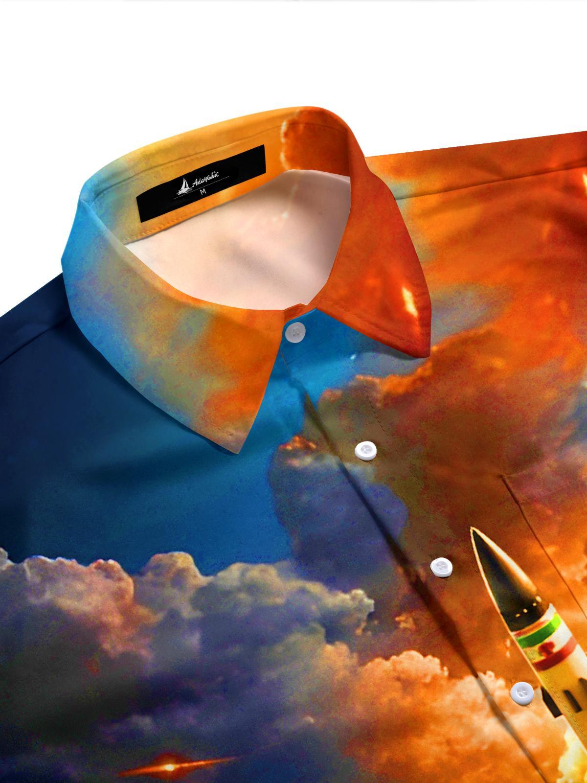 Men's dark rocket launch isometric continent map side view short sleeve shirt