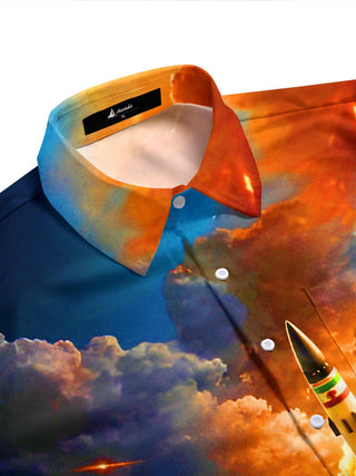 Men's dark rocket launch isometric continent map side view short sleeve shirt