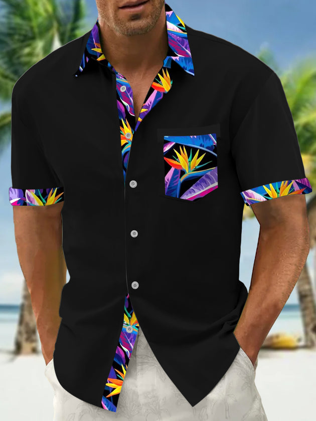 Men's Hawaiian floral short sleeve shirt front view for tropical beach vacation