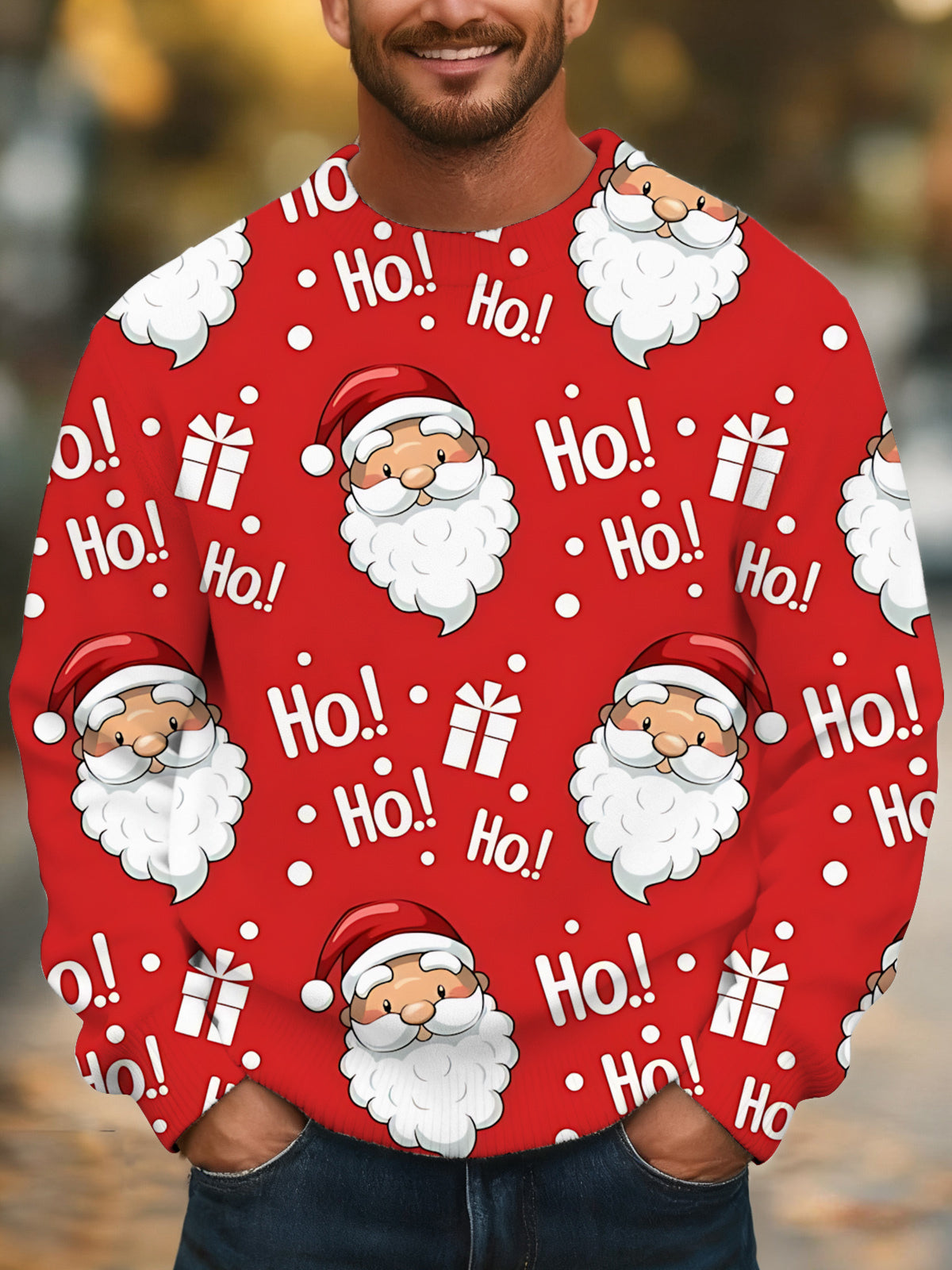 Santa Claus Print Men's Long Sleeve Round Neck Tops