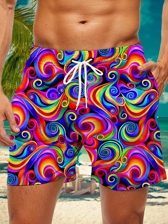Men's colorful abstract print casual shorts front view for tropical beach vacation