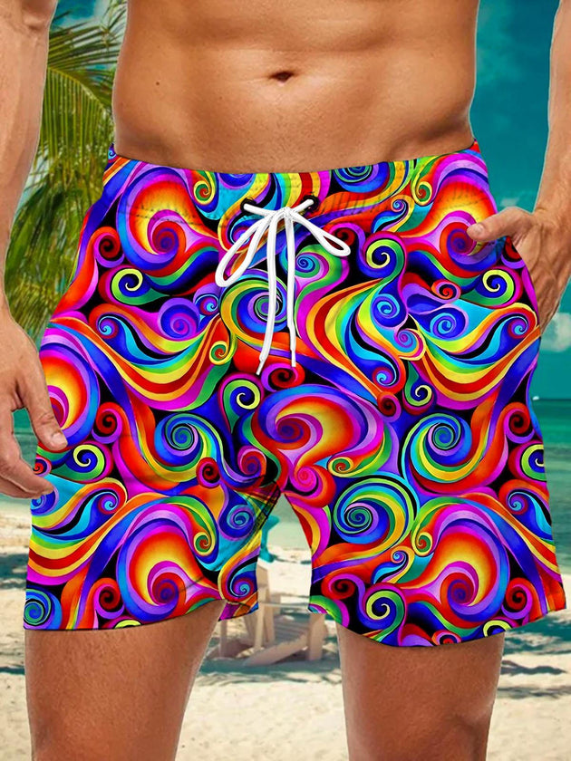 Men's colorful abstract print casual shorts front view for tropical beach vacation