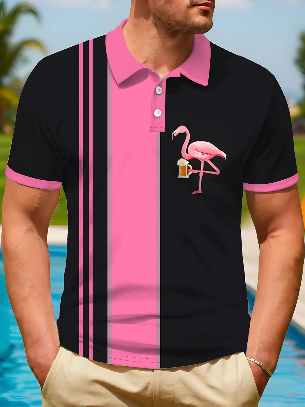 Flamingo Print Men's Short Sleeve Button Polo Shirt