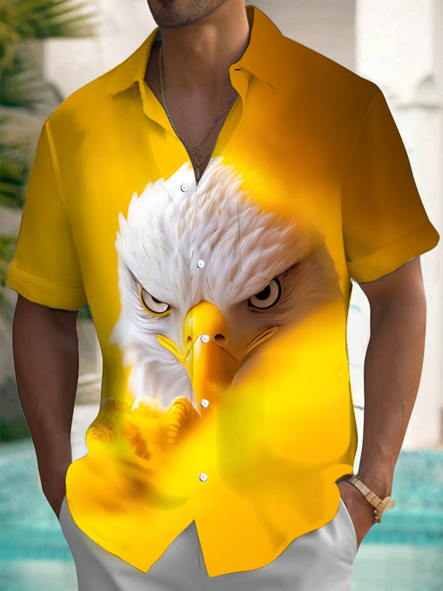 Men's black eagle print pocket short sleeve shirt front view
