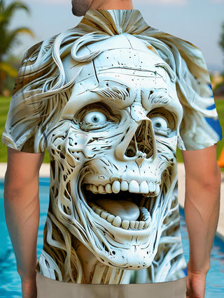 Men's black skull print short sleeve polo shirt back view