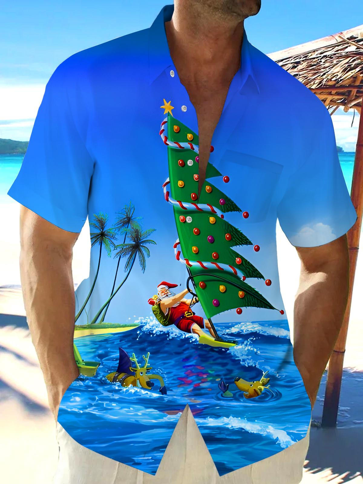 Fun Hawaiian Coconut Tree Santa Claus Sailing Surfing Xmas Men's Pocket Short Sleeve Shirts
