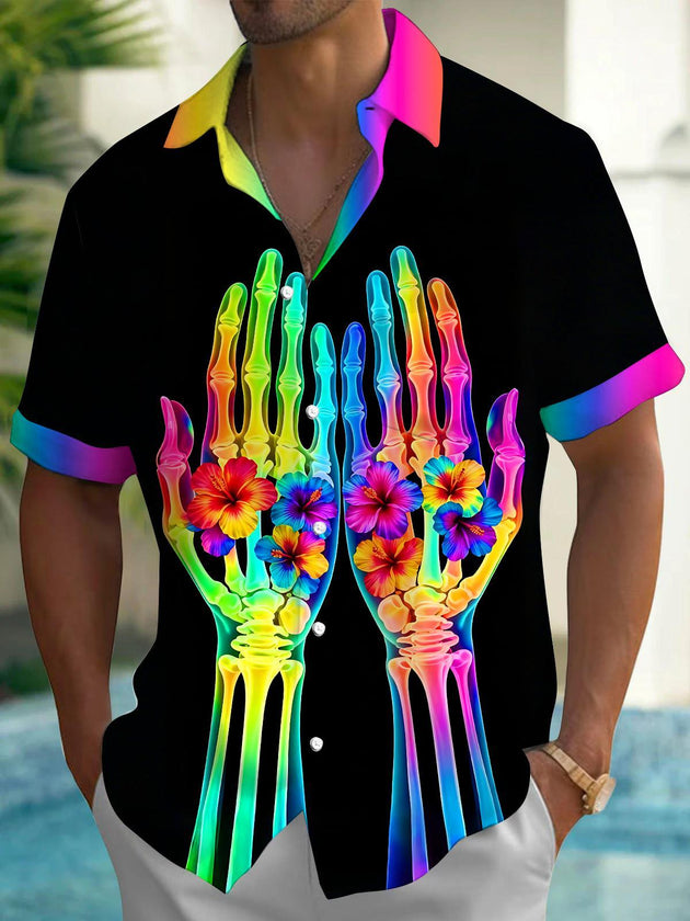 Dark Neon Colorful Skeleton Hand Hibiscus Flower Men's Pocket Short Sleeve Shirts