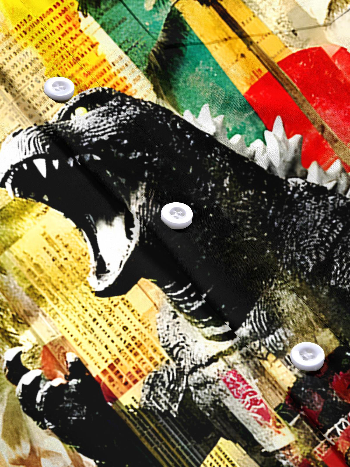 Hawaiian Coconut Tree Dinosaur Men's Pocket Short Sleeve Shirts