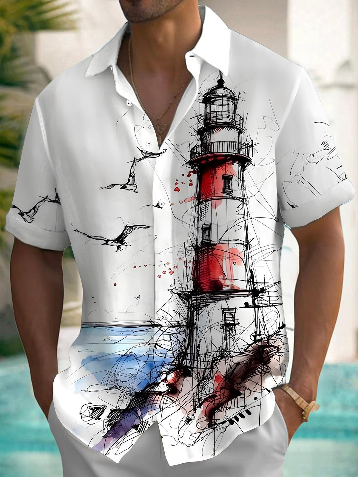 Lighthouse Art Print Men's Pocket Short Sleeve Shirts